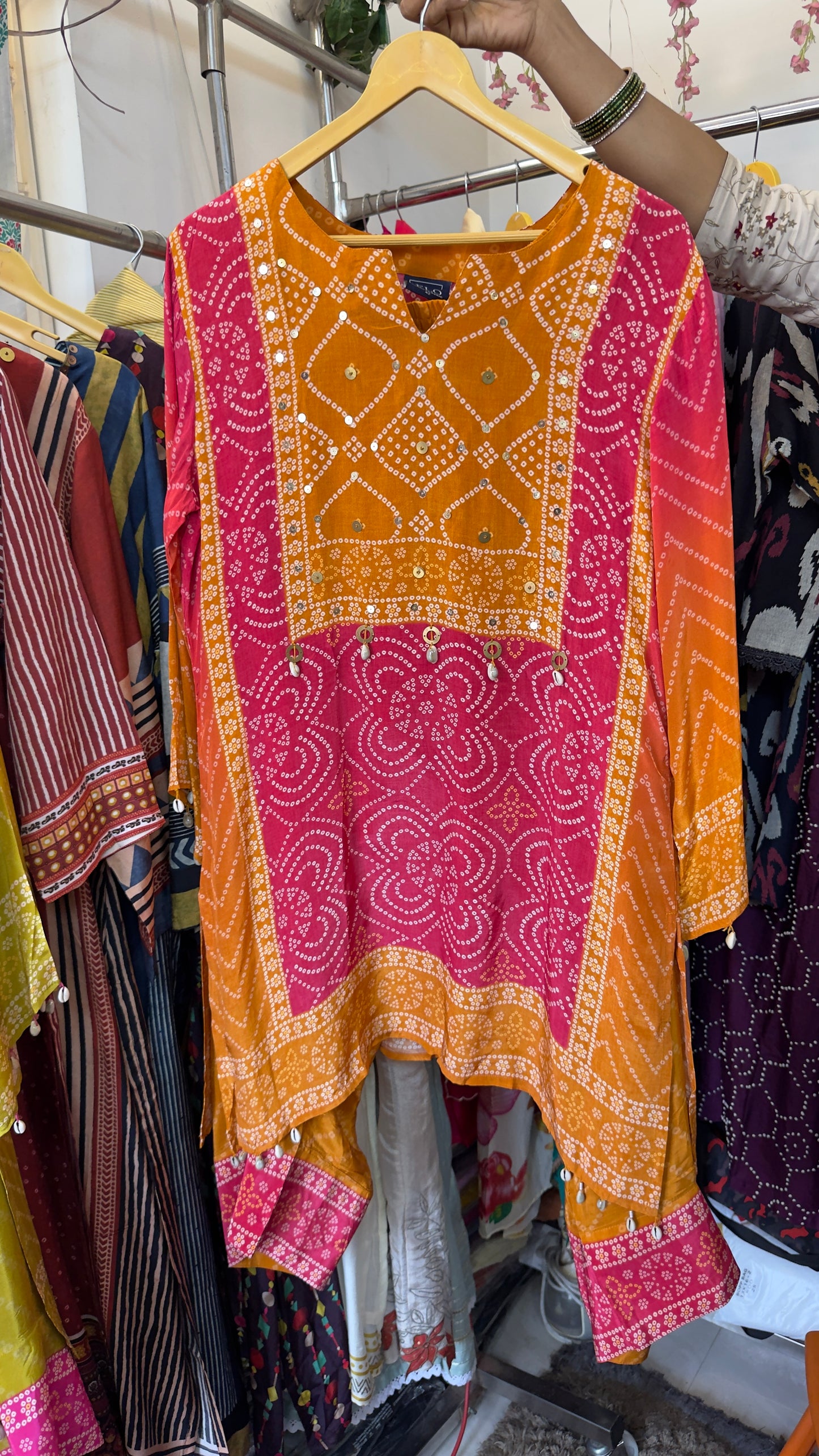 Red yellow Bandhani crepe co ord set