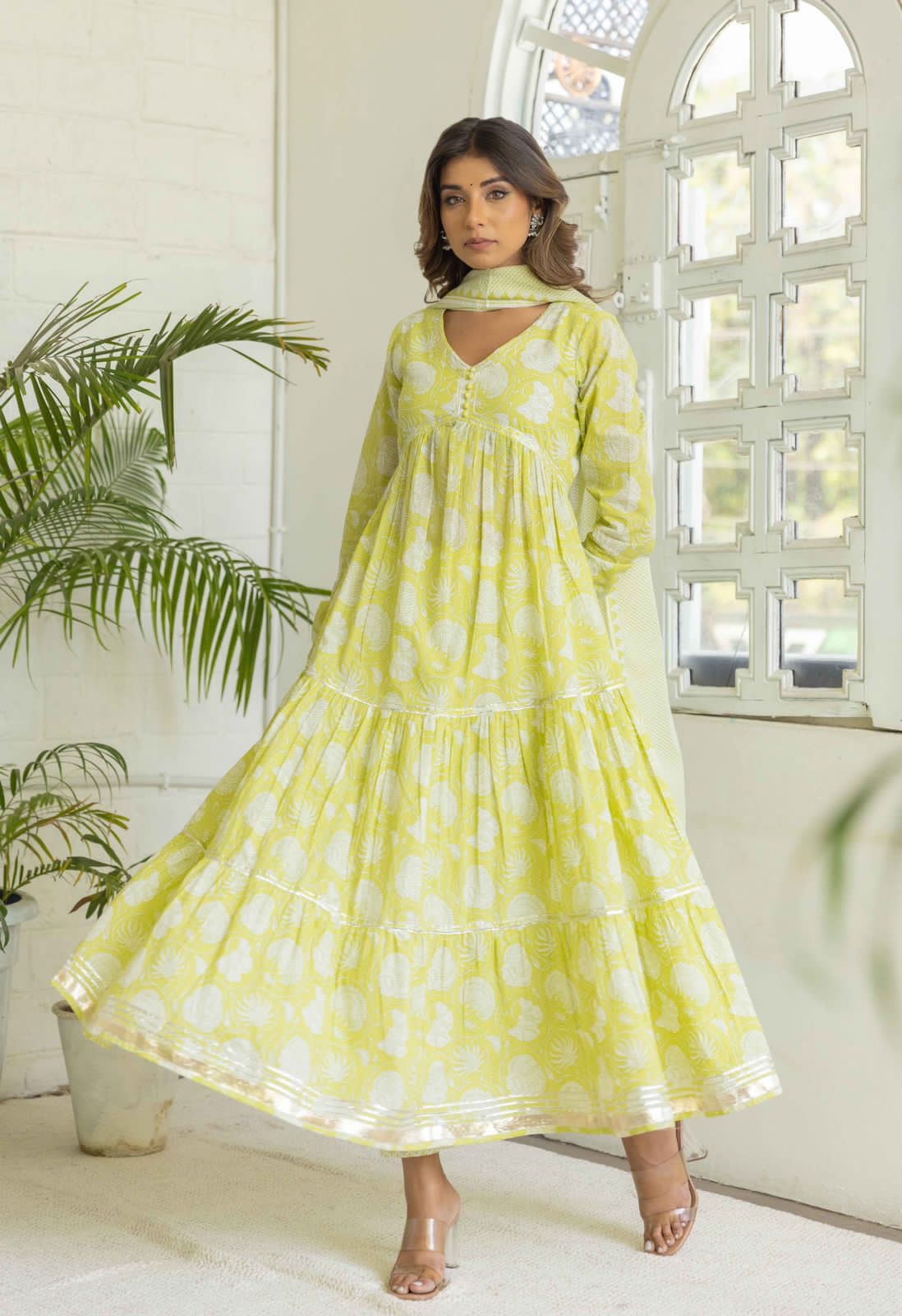 Preety green / purple cotton  layed anarkali