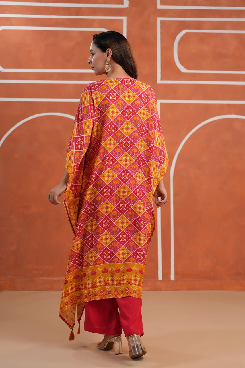 Orange pink Patola muslin silk kaftan pants with real mirror handwork detailing