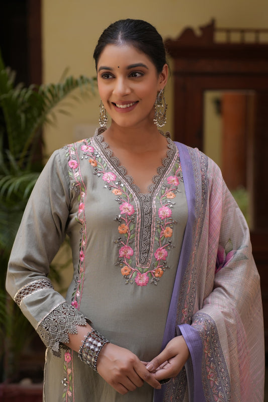 Grey muslin Parsi work