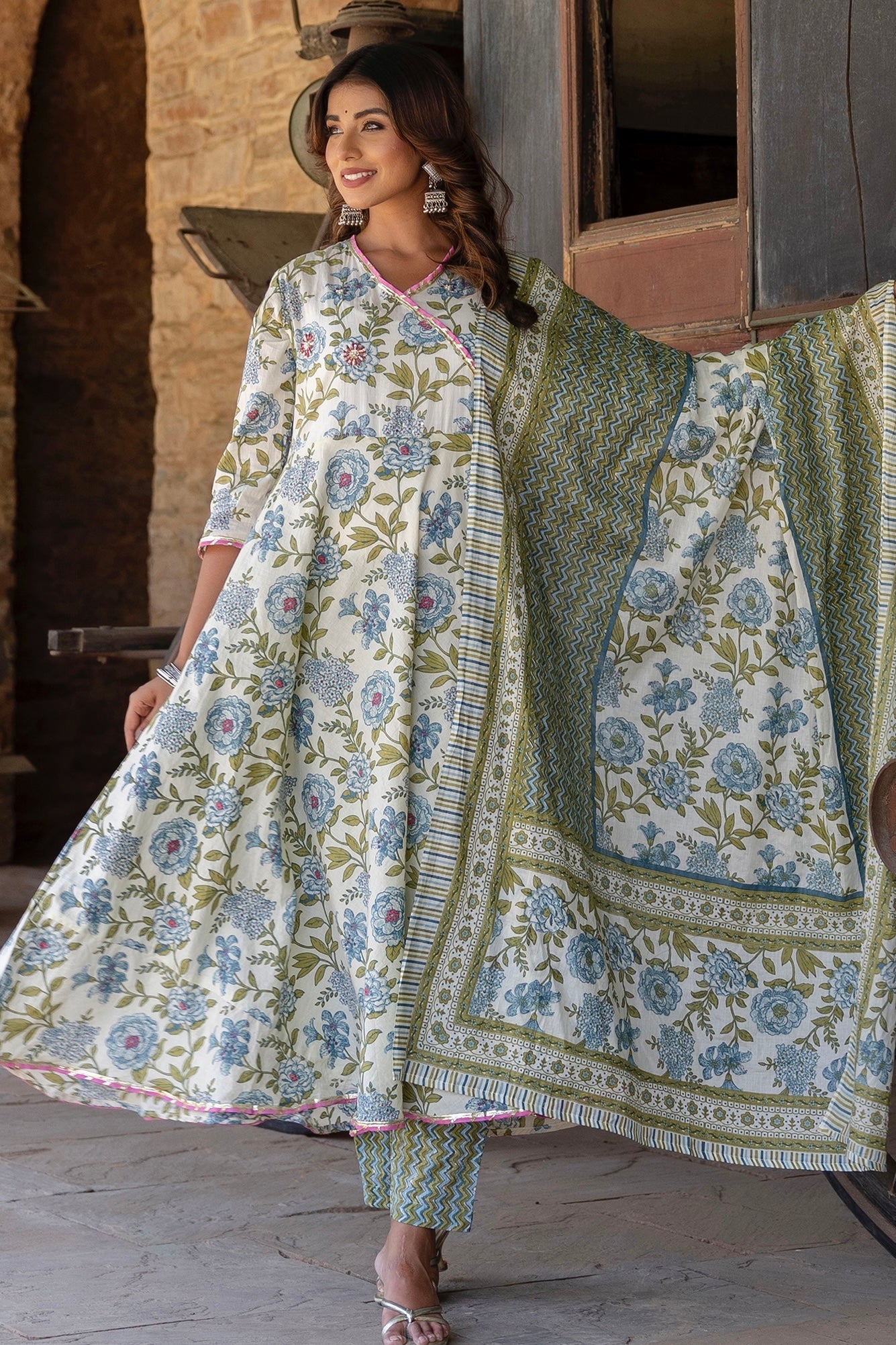 White And Green Printed Floral Angrakha Anarkali Suit