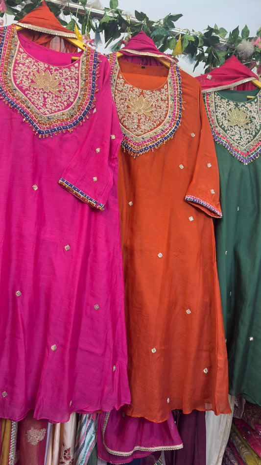 Heavy neck work with beautiful contrast duppata mul chandari Aline suit