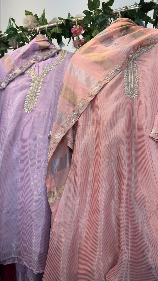 Luxe tissue Farshi pants with short Anarkali suit