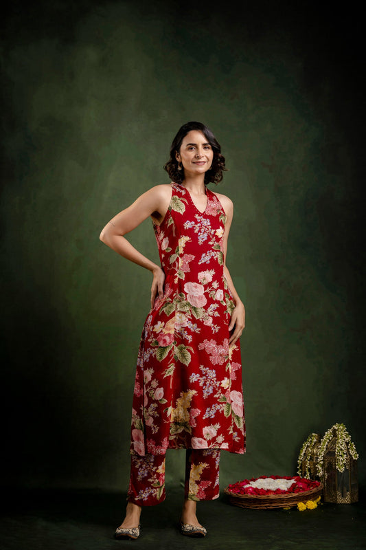 Maroon Printed Modal Embroidered Co-Ord Set