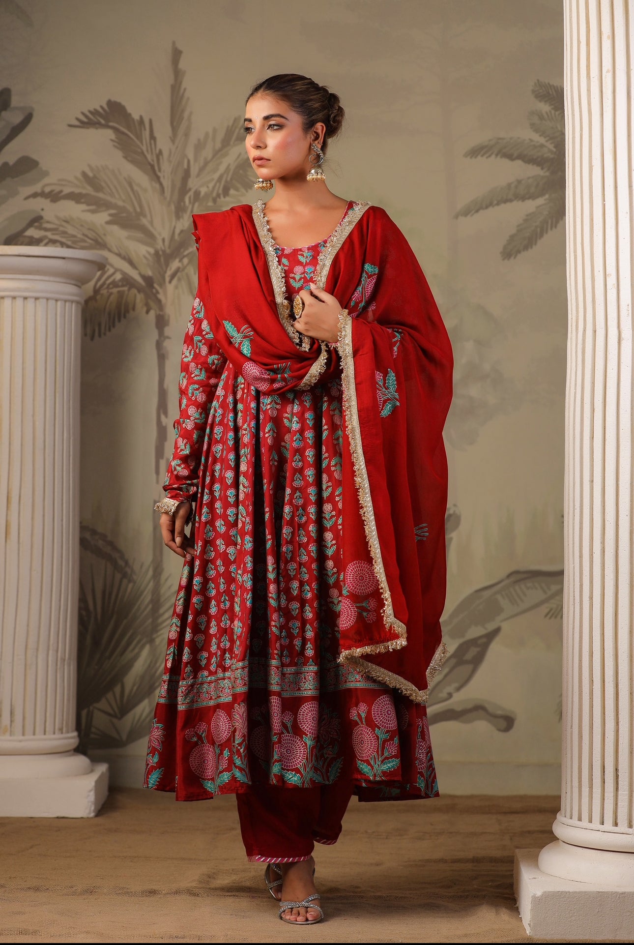 Red Block Print Mughal Print  Anarkali