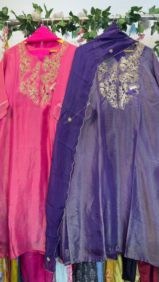 Zari soft tissue staright suit with organza Dupatta & silk pants