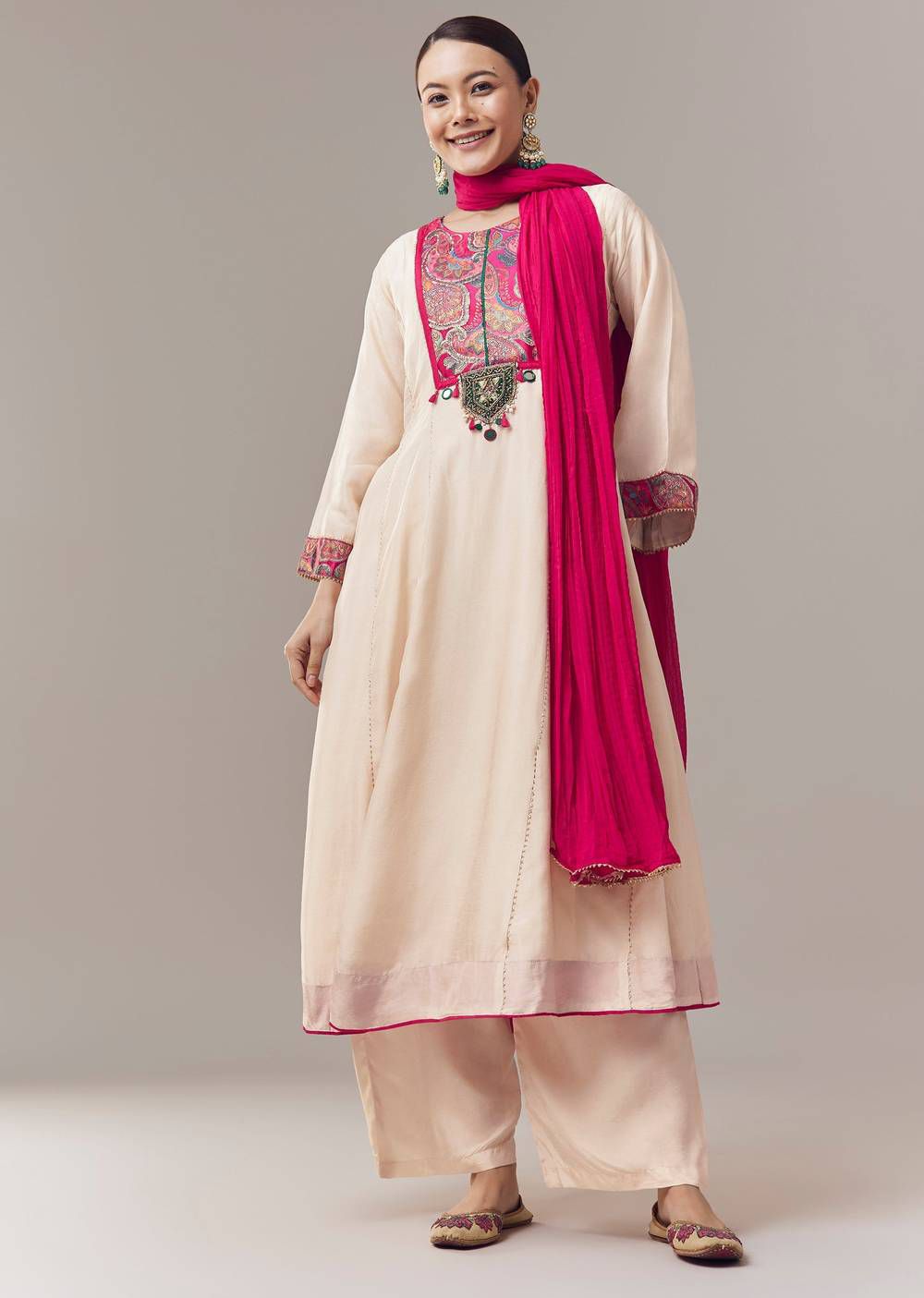 Ivory Anarkali Suit With Gotta Lace Work And Dupatta