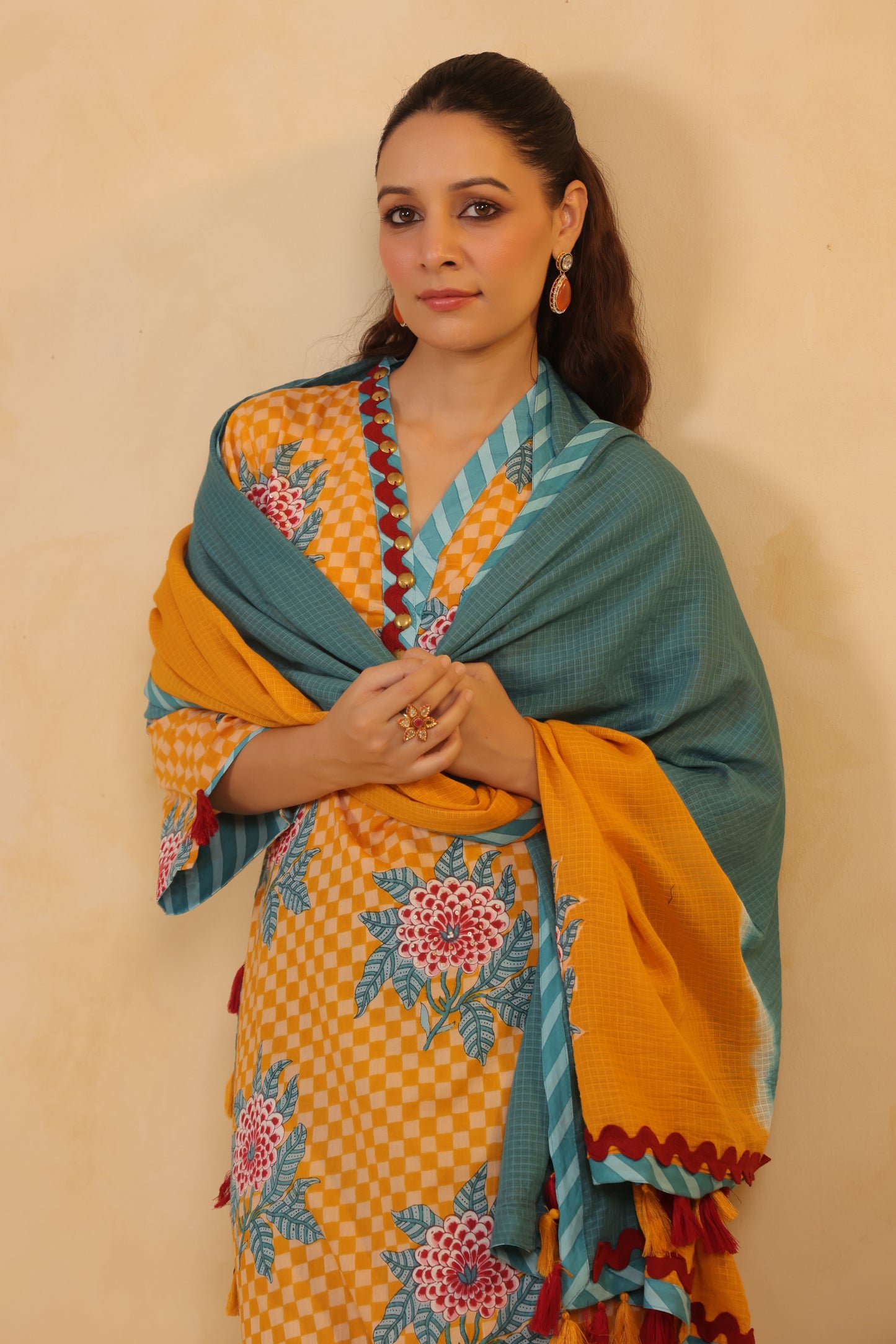 Yellow  Gomertical cotton premium suit with beautiful detailing & kota doria dupatta