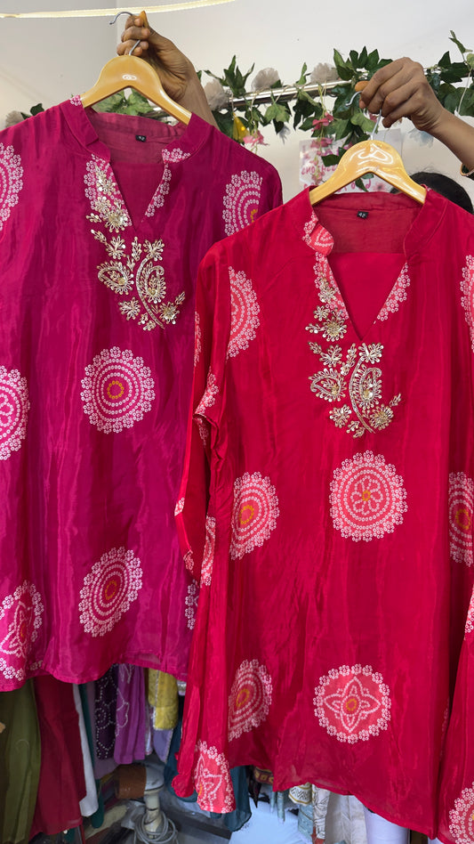 Pink/red Bandhani silk co ord set with handwork