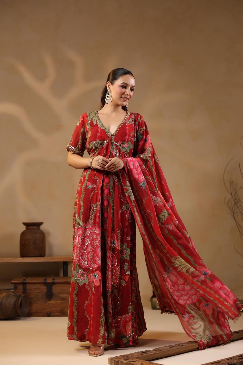 Red Georgette Cut-Dana & Beads Embroidered 3-Piece Suit Set