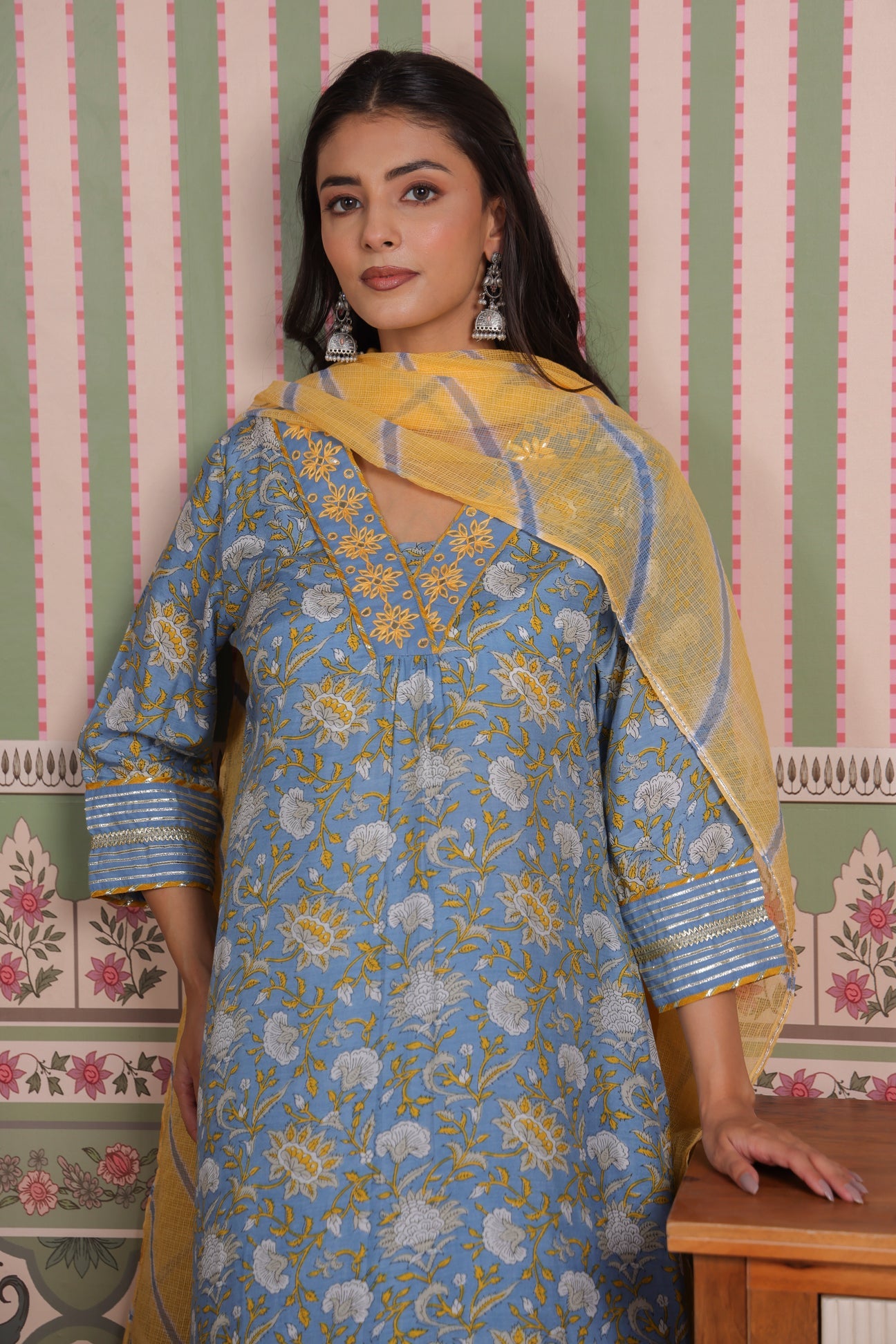Blue Printed Modal Gota Patti Embroidered
Suit Set