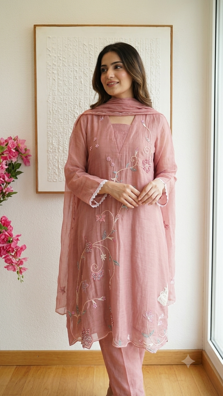 Elegant minimalist handwork mul chandari suit