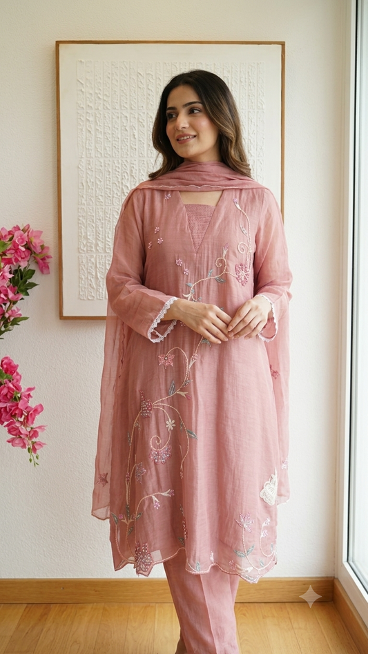 Elegant minimalist handwork mul chandari suit
