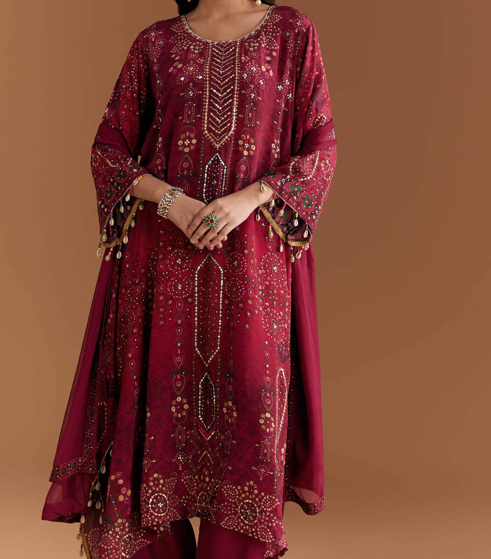 Pure natural crepe Aline suit length 47 with chiffon Dupatta and Santoon silk bottom