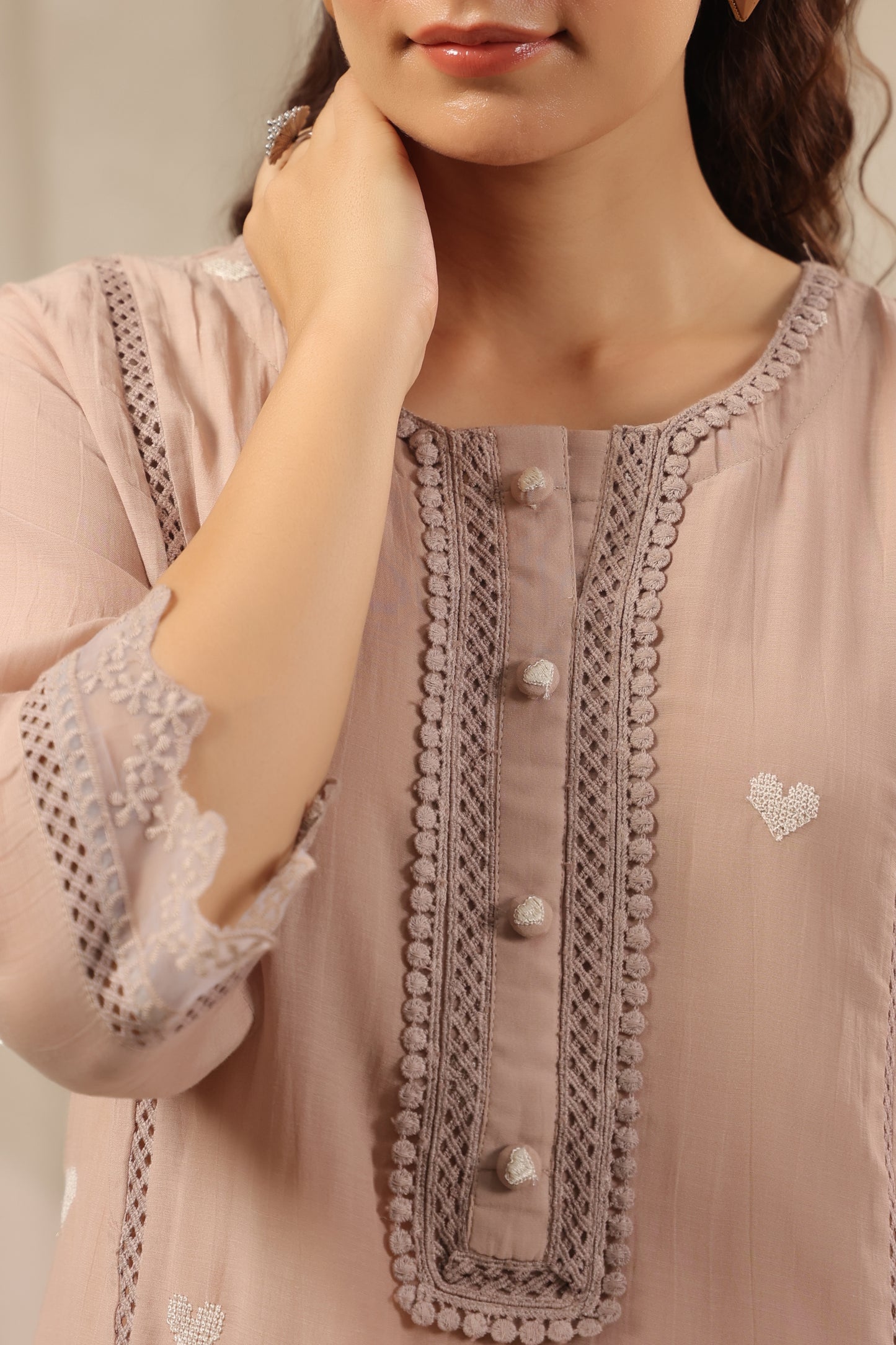 Heart Ivory pink mul chandari co ord set