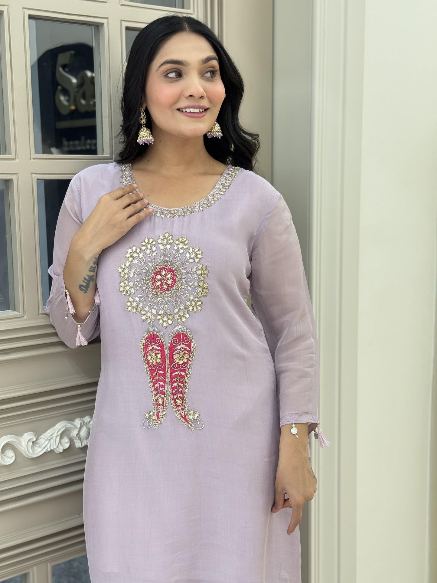 Lavender organza top with handwork with Santoon silk pants