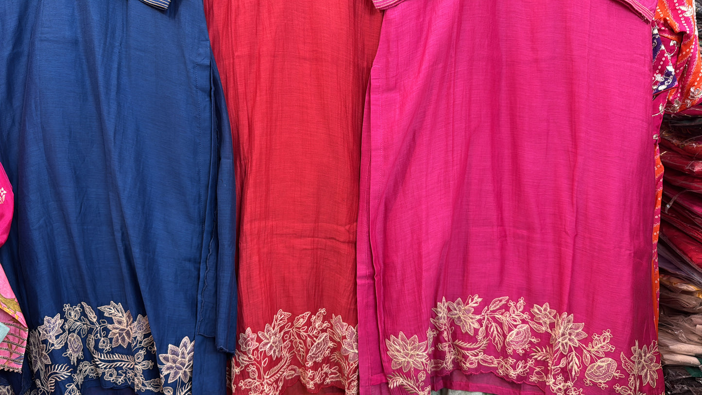 Embroidery pure mul chandari standing collar suit
