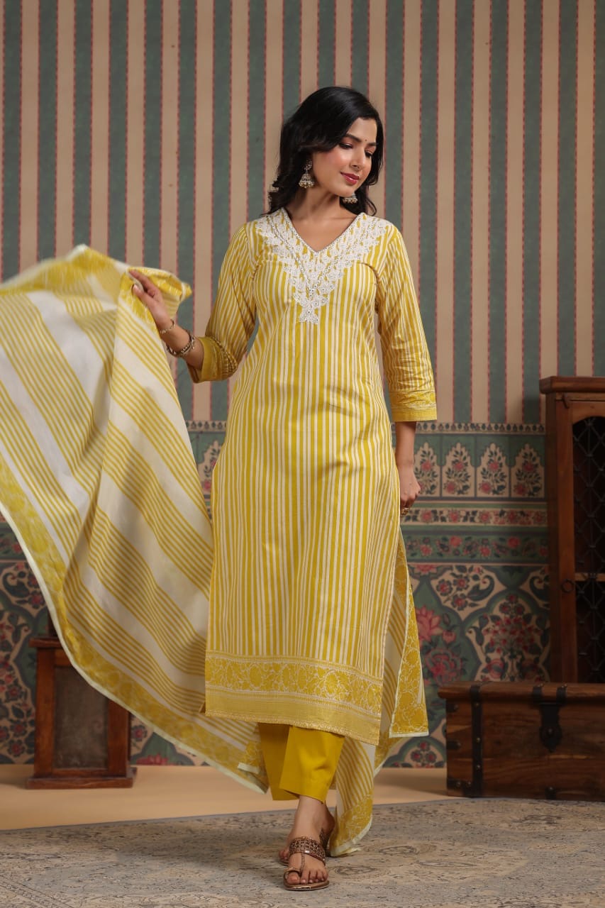 Strip cotton kurta pant duppata set