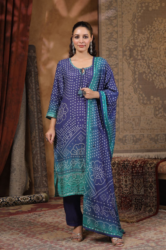 Blue Bandhani muslin silk suit