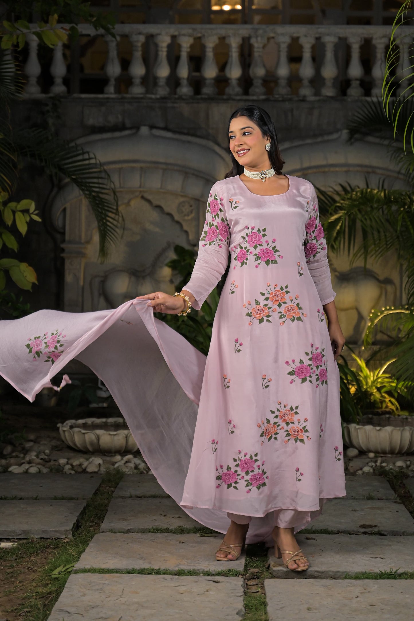 Handprinted with beautiful chinon fabric aline suit