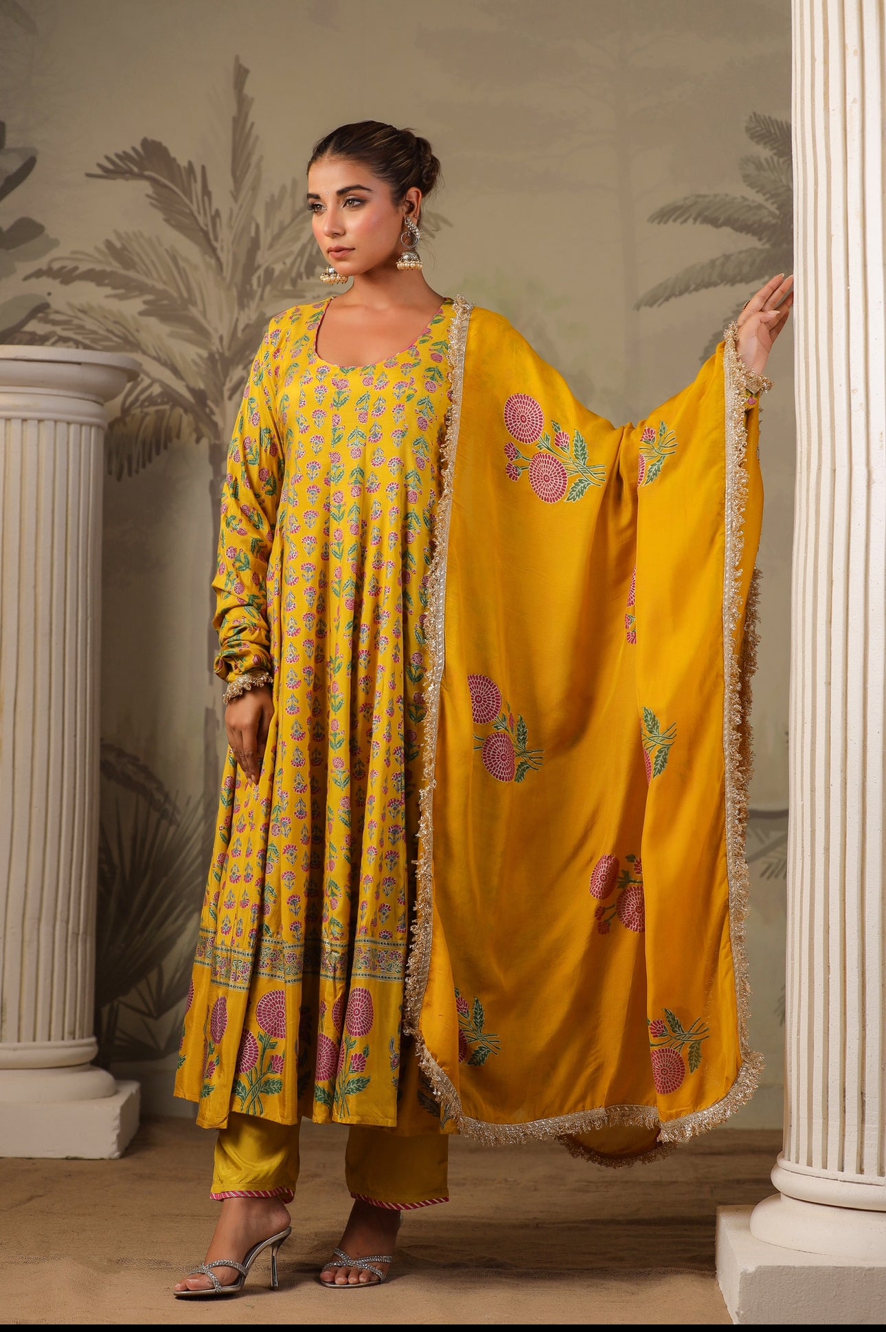 Yellow Block Print Mughal Print  Anarkali Suit