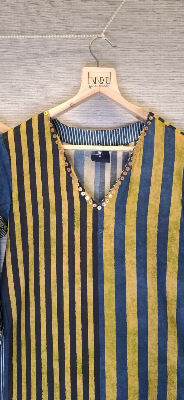 Yellow blue strip Ajrakh muslin kurta pant set