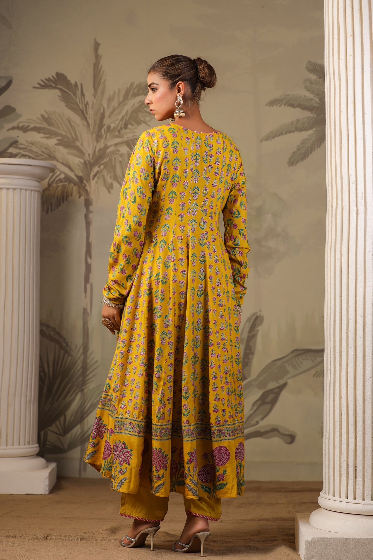 Yellow Block Print Mughal Print  Anarkali Suit