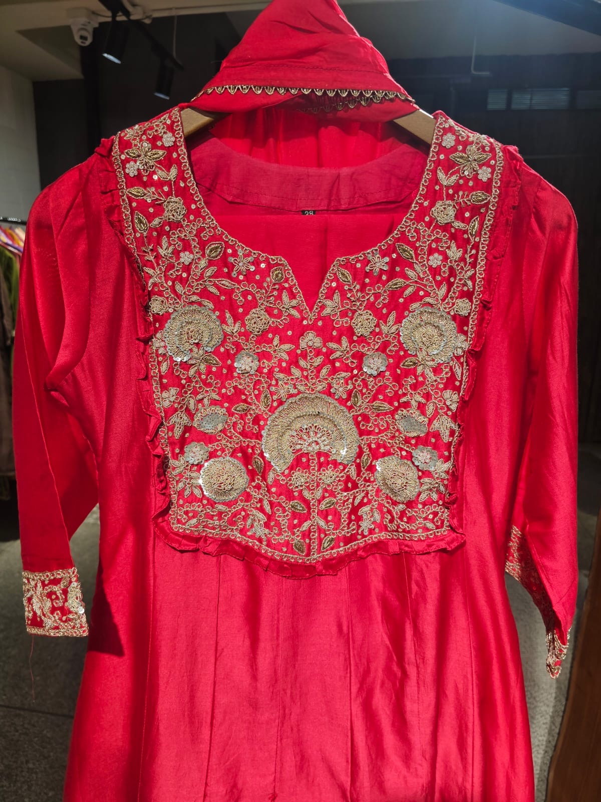 Luxe red heavy work with premium chandari fabric anarkali suit
