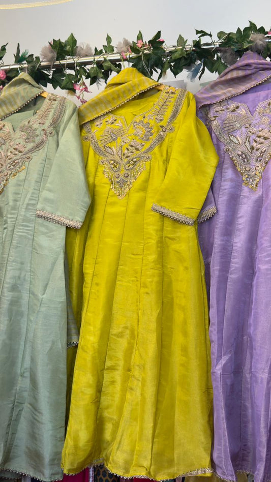 Luxe look tissue Anarkali with zari hand work