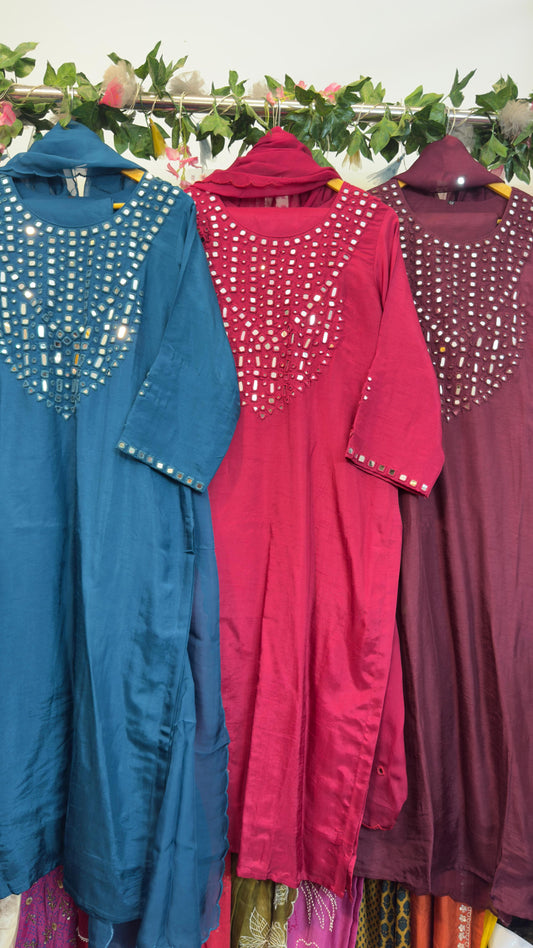 Real mirror work in pure silk staright kurta pant with organza Dupatta