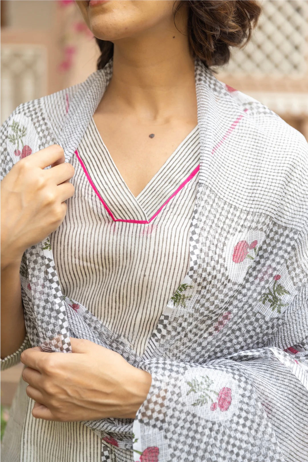 CHANDERI SILK STRIPES BLOCK PRINT KURTA SET IN SHADES OF IVORY & GREY
