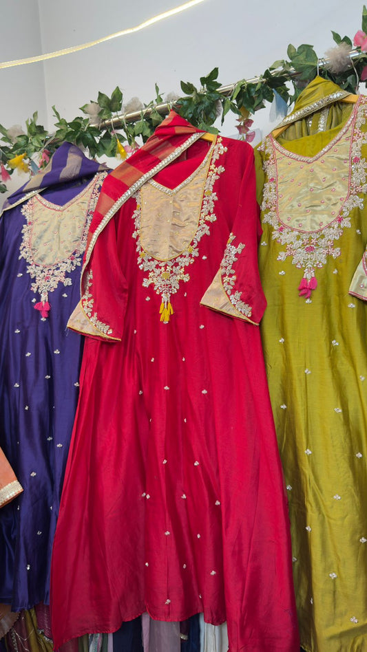 Tissue yoke with handwork pure chandari silk Anarkali suit