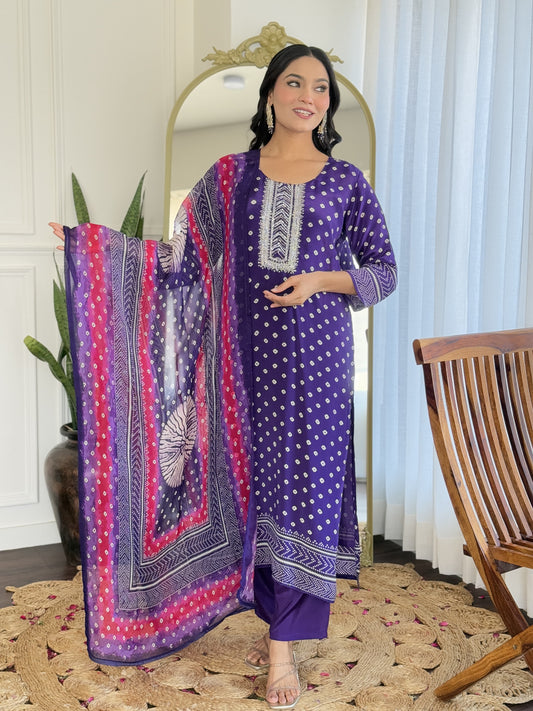 Puprle Bandhani crepe suit