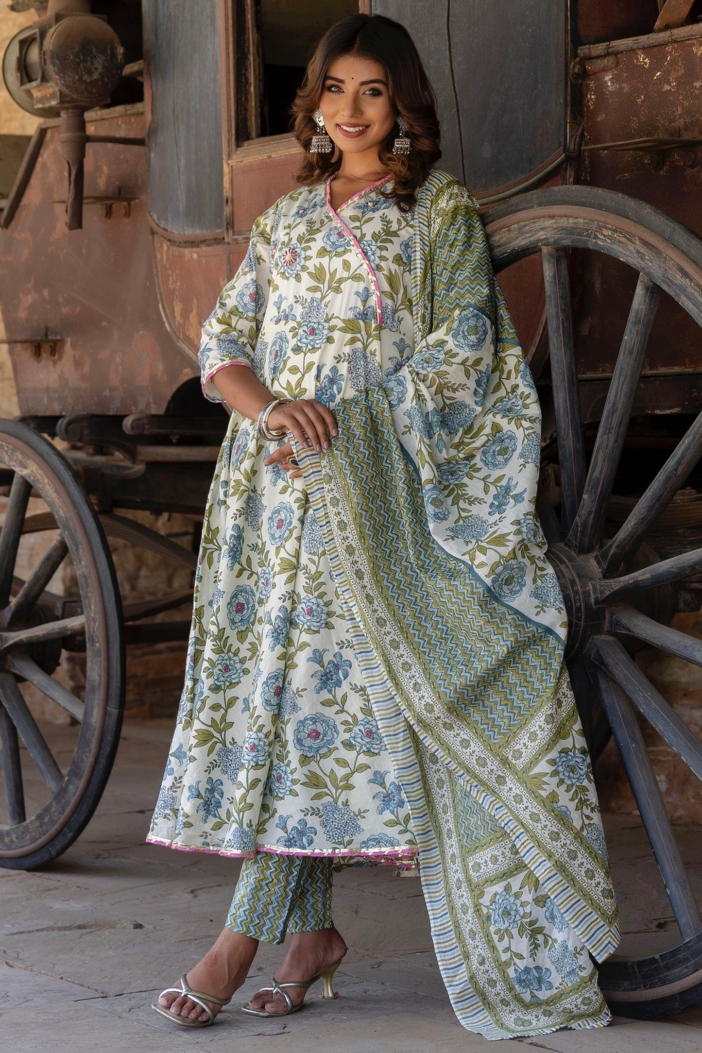 White And Green Printed Floral Angrakha Anarkali Suit