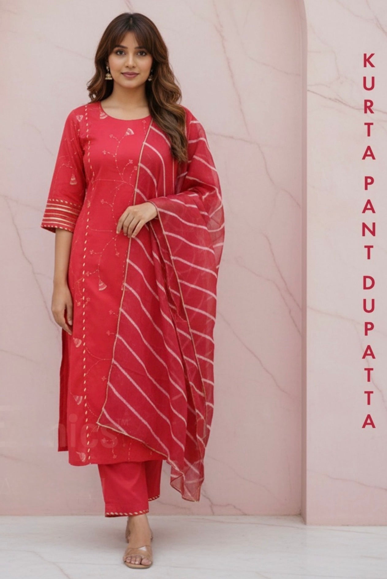 Red lady premium cotton Aline suit with kota doria dupatta