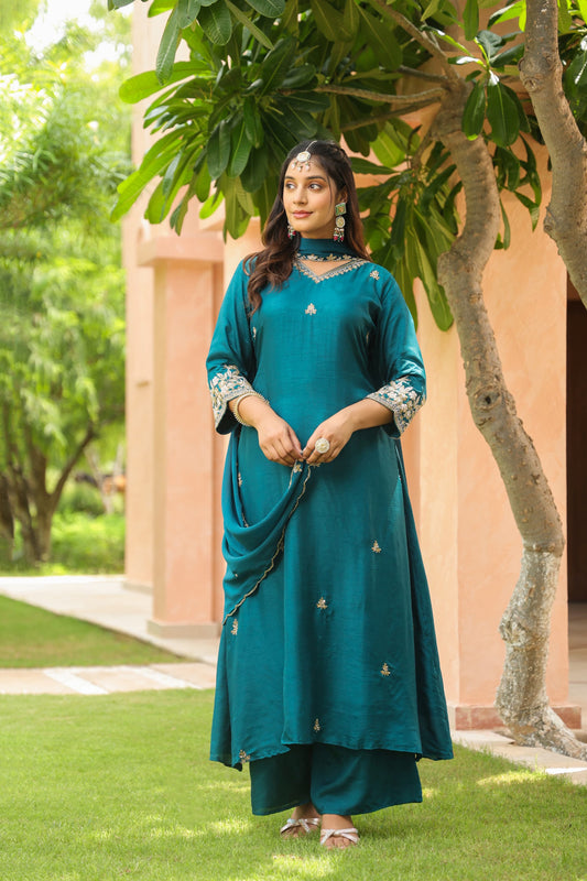 Blue Aline silk handwork suit