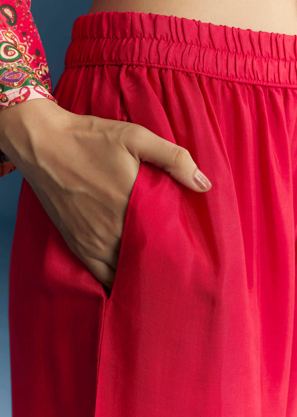 Red Mughal print crepe suit