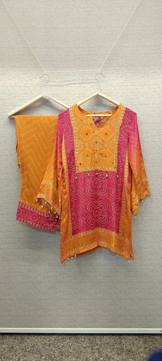 Yellow red Bandhani crepe set