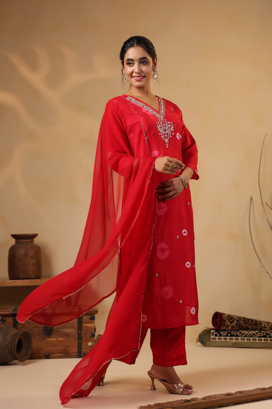 Red Bandhani silk suit