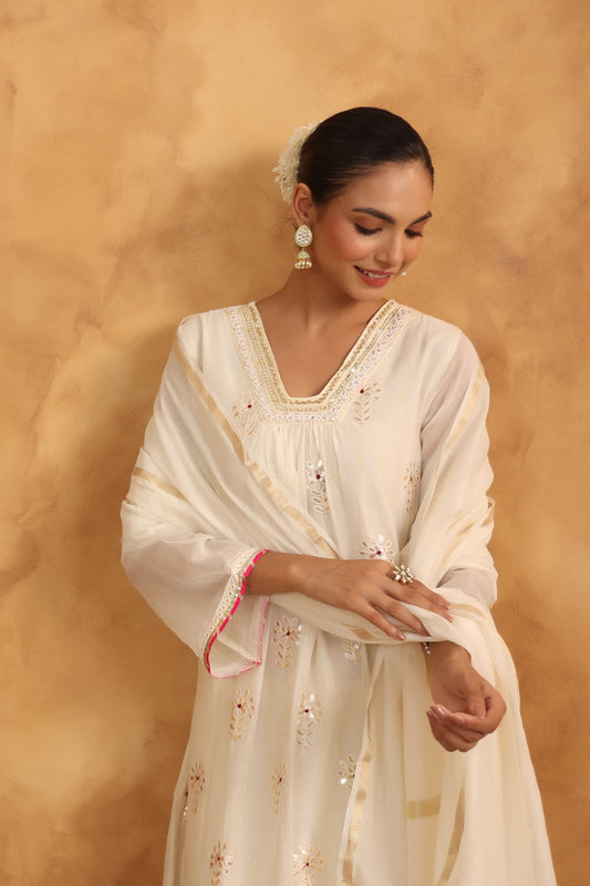Cream Beautiful gota Full Suit Set With Dupatta In Mul Chanderi Fabric