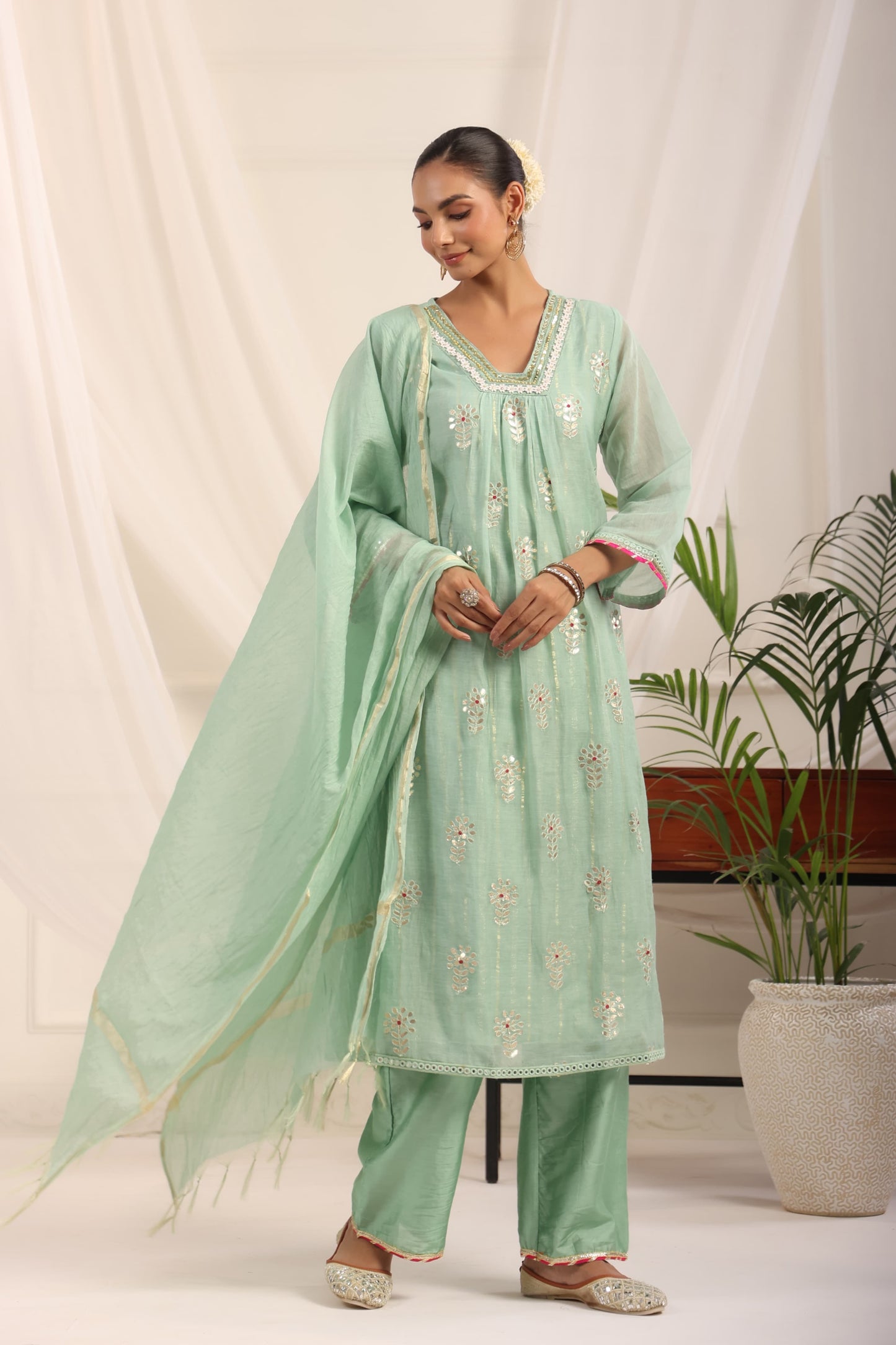 Blue Beautiful gota Full Suit Set With Dupatta In Mul Chanderi Fabric