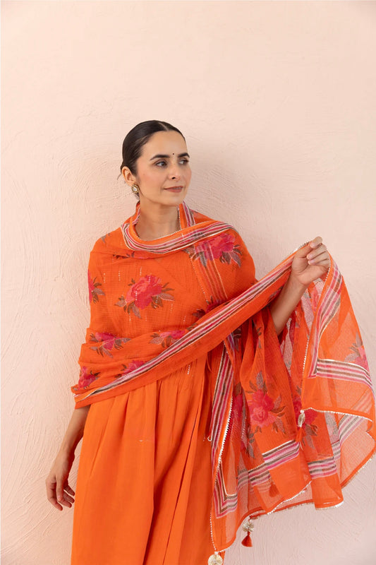 Fanta orange COTTON SLUB PLAIN DYE ANGRAKHA KURTA SET IN GOLD FLAME