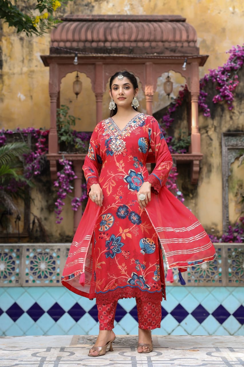 Red  muslin silk suit