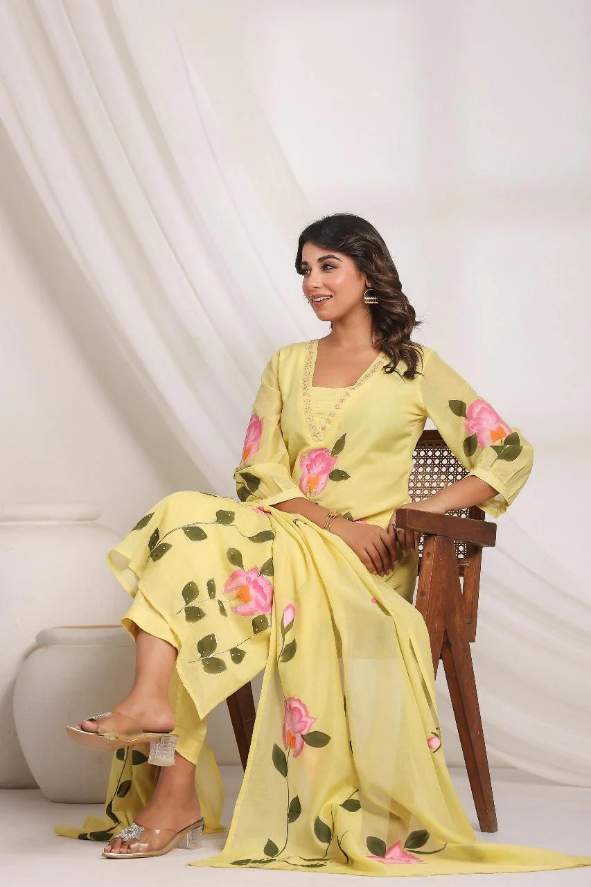 Yellow Hand printed mul chandari