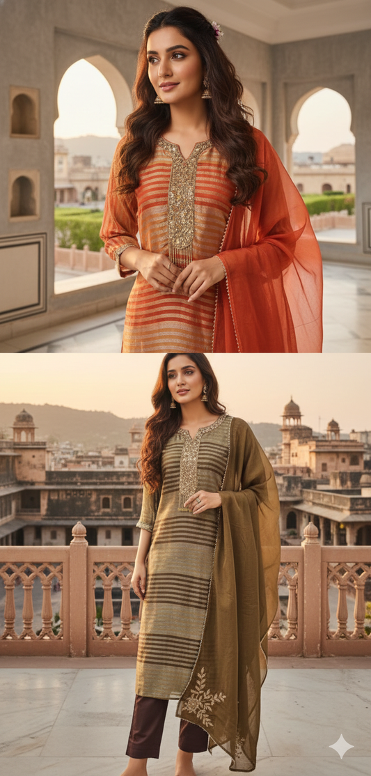 Tissue suit with organza Dupatta with handwork detailing