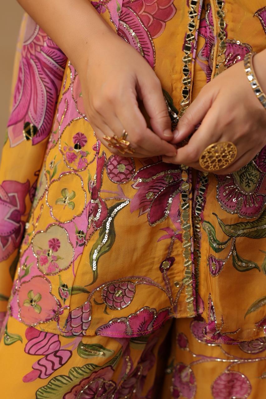 Mustard Georgette Floral Printed Mirror Embellished Suit Set