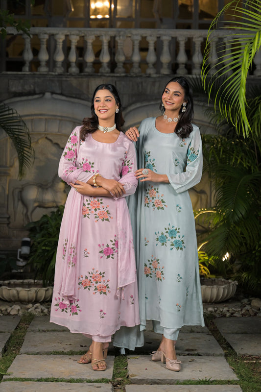 Handprinted with beautiful chinon fabric aline suit