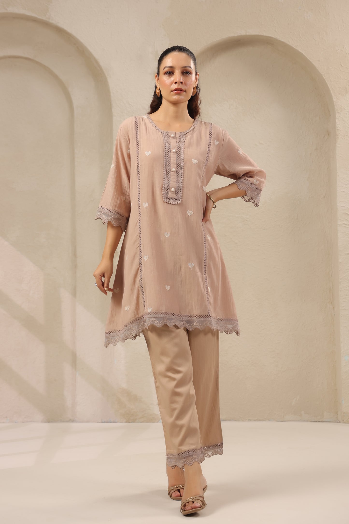 Heart Ivory pink mul chandari co ord set