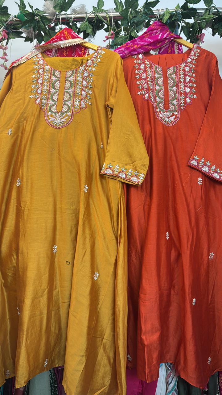 Pure silk Anarkali with Geogatte Bandhani dup & staright pants