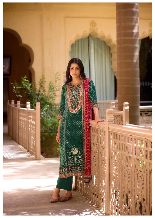 Bottle green Bandhani Russian silk suit